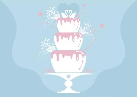 Three tiered celebratory wedding cake, swans in love and hearts Stock Illustration