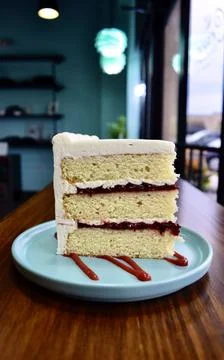Three tiered white cake with raspberry filling Stock Photos