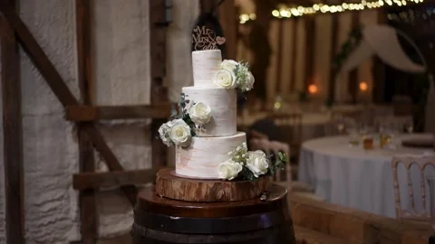 Three tiered white wedding cake on top of a wooden barrel Stock Footage 278047528