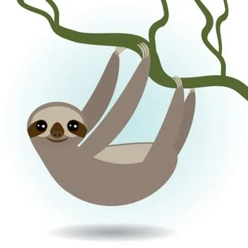Three-toed sloth on green branch on white background. Stock Illustration