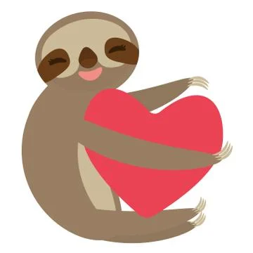 Three-toed sloth holding red heart, isolated on white background. Vector Stock Illustration