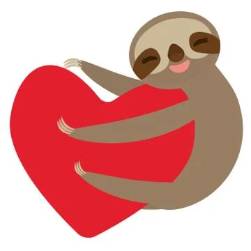 Three-toed sloth holding red heart, isolated on white background. Vector Stock Illustration