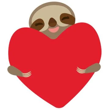 Three-toed sloth holding red heart, isolated on white background. Vector Stock Illustration