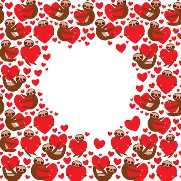 Three-toed sloth holding red heart, isolated on white background. Valentine's Stock Illustration