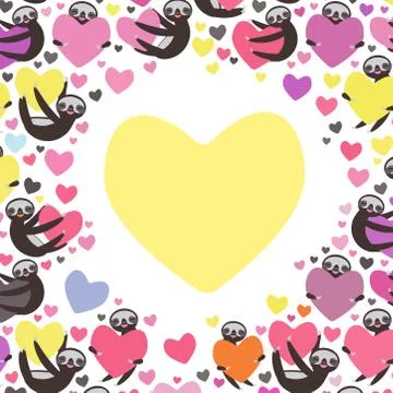 Three-toed sloth holding red pink, yellow, lilac, orange, blue heart, isolate Stock Illustration