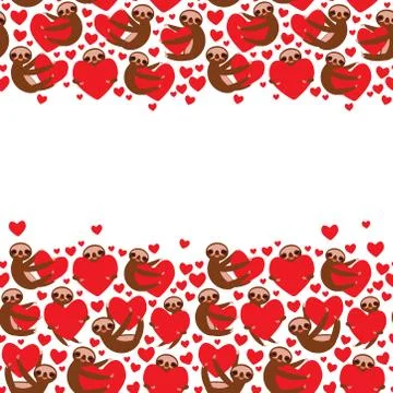 Three-toed sloth holding red heart, isolated on white background. Valentine's Stock Illustration