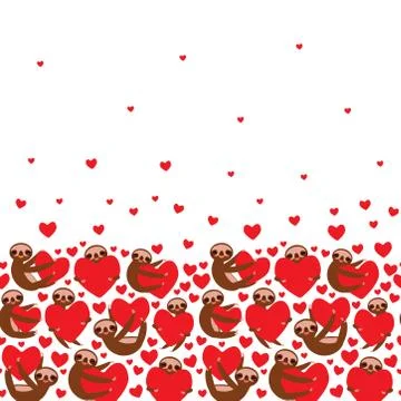 Three-toed sloth holding red heart, isolated on white background. Valentine's Stock Illustration