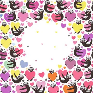 Three-toed sloth holding red pink, yellow, lilac, orange, blue heart, isolate Stock Illustration