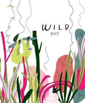 Three-toed sloth on tree in leaves and plants Stock Illustration