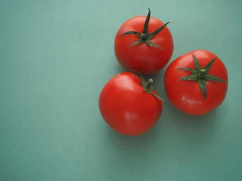 Three tomatoes on a blue background Stock Photos