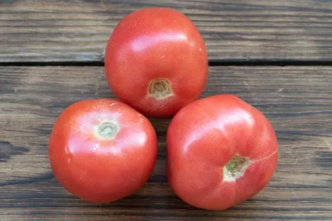 Three tomatoes on wooden background Stock Photos