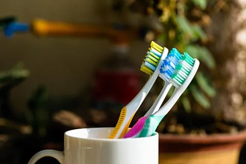Three Toothbrushes on a cup Foto stock