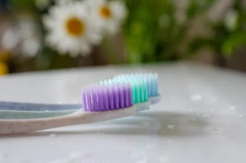 Three toothbrushes of different colors on white background. Stock Photos