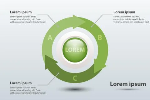Three topics green arrow chart 3d paper with circle in center for website pre Stock Illustration