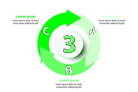 Three topics green arrow chart with 3d paper circle in center for website pre Stock Illustration