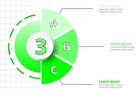 Three topics of Green half pie chart with 3d paper circle in center for websi Stock Illustration