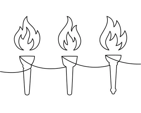 Three torches continuous line art illustration. Minimalist one line vector flame Stock Illustration