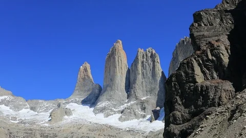 Three Towers, Base del Torres Viewpoint, Torres de Paine Stock Footage 125999225