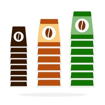 Three towers of plastic coffee cups in different sizes vector flat isolated Illustrazione stock