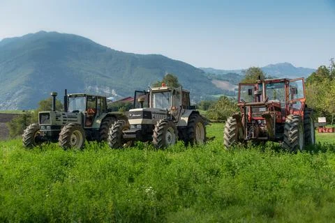 Three tractors. Same galaxy 170. Hurlimann h 6170 t. same Lamborghini 1706. Stock Photos