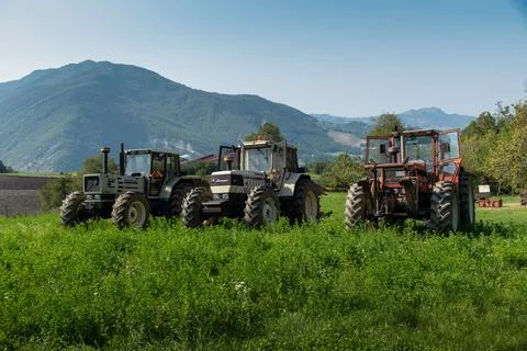 Three tractors. Same galaxy 170. Hurlimann h 6170 t. same Lamborghini 1706. Stock Photos