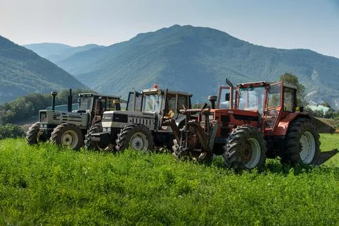 Three tractors. Same galaxy 170. Hurlimann h 6170 t. same Lamborghini 1706. Stock Photos