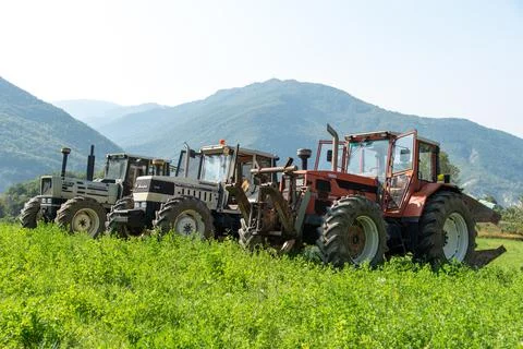 Three tractors. Same galaxy 170. Hurlimann h 6170 t. same Lamborghini 1706. Stock Photos