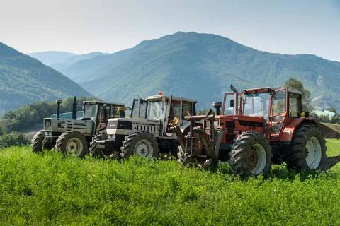Three tractors. Same galaxy 170. Hurlimann h 6170 t. same Lamborghini 1706. Stock Photos