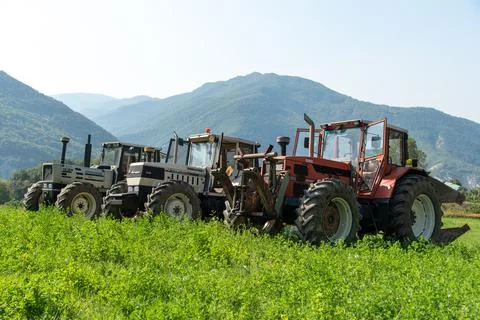 Three tractors. Same galaxy 170. Hurlimann h 6170 t. same Lamborghini 1706. Stock Photos