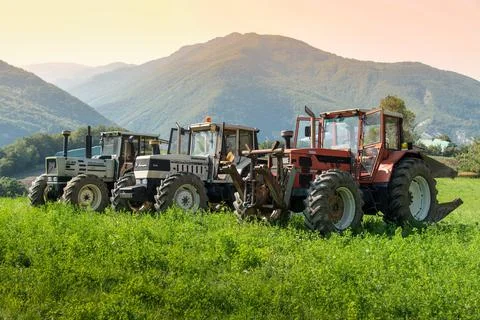 Three tractors. Same galaxy 170. Hurlimann h 6170 t. same Lamborghini 1706. Stock Photos