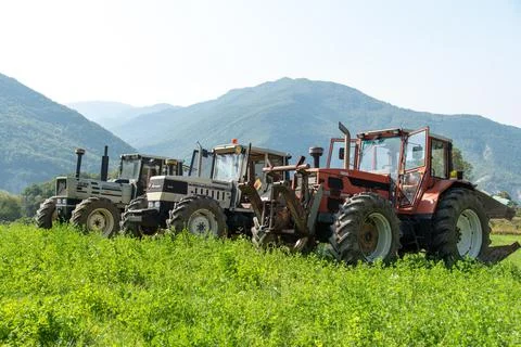 Three tractors. Same galaxy 170. Hurlimann h 6170 t. same Lamborghini 1706. Stock Photos