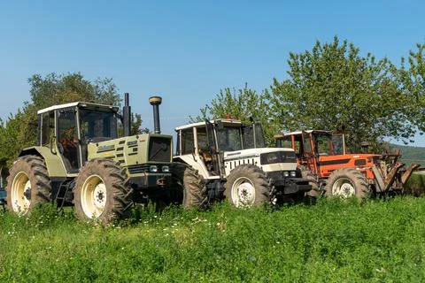 Three tractors. Same galaxy 170. Hurlimann h 6170 t. same Lamborghini 1706. Stock Photos