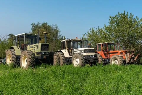 Three tractors. Same galaxy 170. Hurlimann h 6170 t. same Lamborghini 1706. Stock Photos