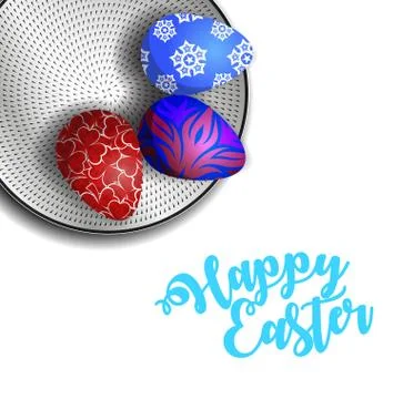 Three traditional authentic painted Easter eggs on a plate, on a white backgr Stock Illustration