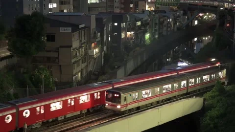 Three trains crossing a bridge at night in Tokyo, HD 動画素材 171275636
