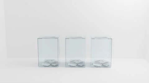Three transparent ballot boxes with ballots inside in a white room on the t.. Stock Illustration
