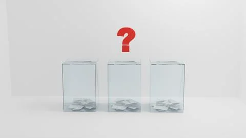 Three transparent ballot boxes with ballots inside and a red question mark ab Stock Illustration