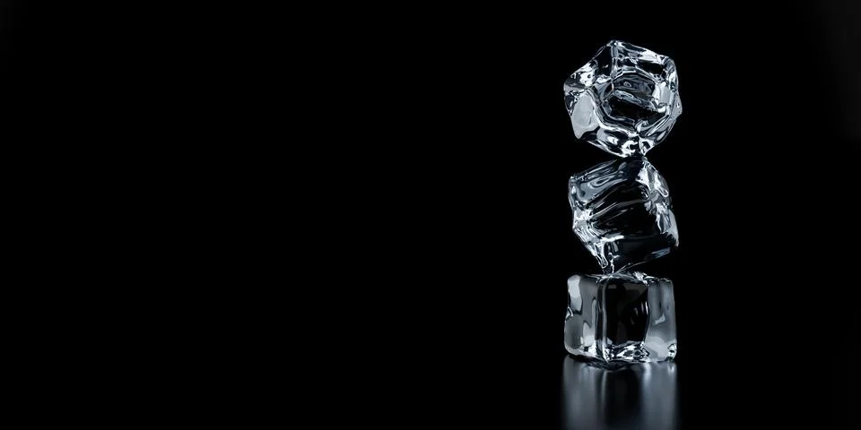 Three transparent ice cubes stacked on black background with reflection and.. Stock Illustration