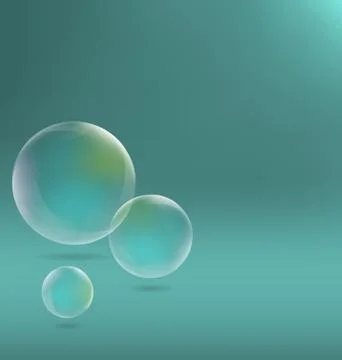 Three transparent soap bubbles with shadows on cyan Stock Illustration