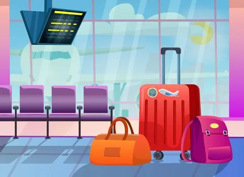 Three travel suitcases in empty waiting area of airport terminal, against Stock Illustration