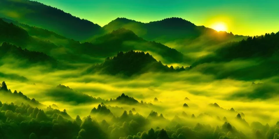 Three trees in low clouds at amazing sunrise in Slovenia. Colorful landscape Stock Illustration