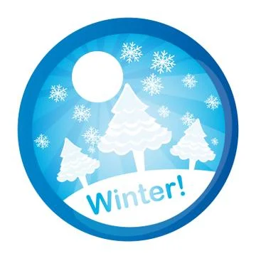 Three trees over winter landscape, circle tag. vector illustration Illustrazione stock
