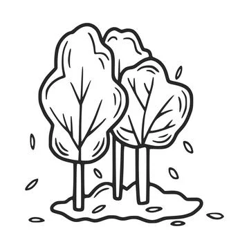 Three trees standing on a patch of dirt losing their leaves in autumn, hand.. Stock Illustration