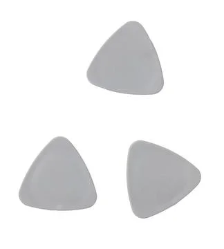 Three triangular shaped guitar picks are shown on a white background 写真素材
