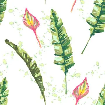 Three tropical leaves seamless pattern. Hand drawn leaves illustration on white Stock Illustration