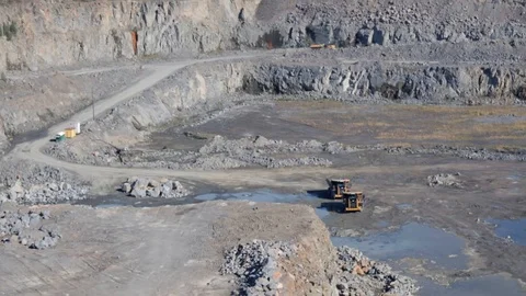 Three trucks in quarry Stock Footage 124911632