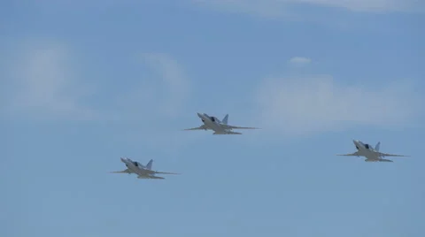 Three Tu-22M3 long-range supersonic bombers flew over Moscow, Russia. 4K. Stock Footage 53043427