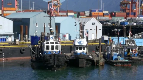 Three tugboats in the harbor. 스톡 동영상 74716398