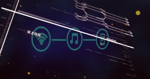 Three turquoise icons floating, connecting via lines in flat design UI showing Stock Footage 307436507