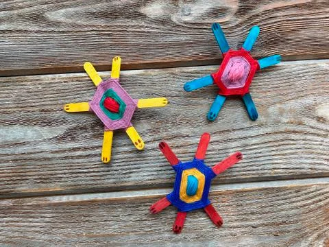 Three turtles, teaching children's master class how to make turtles from yarn Stock Photos